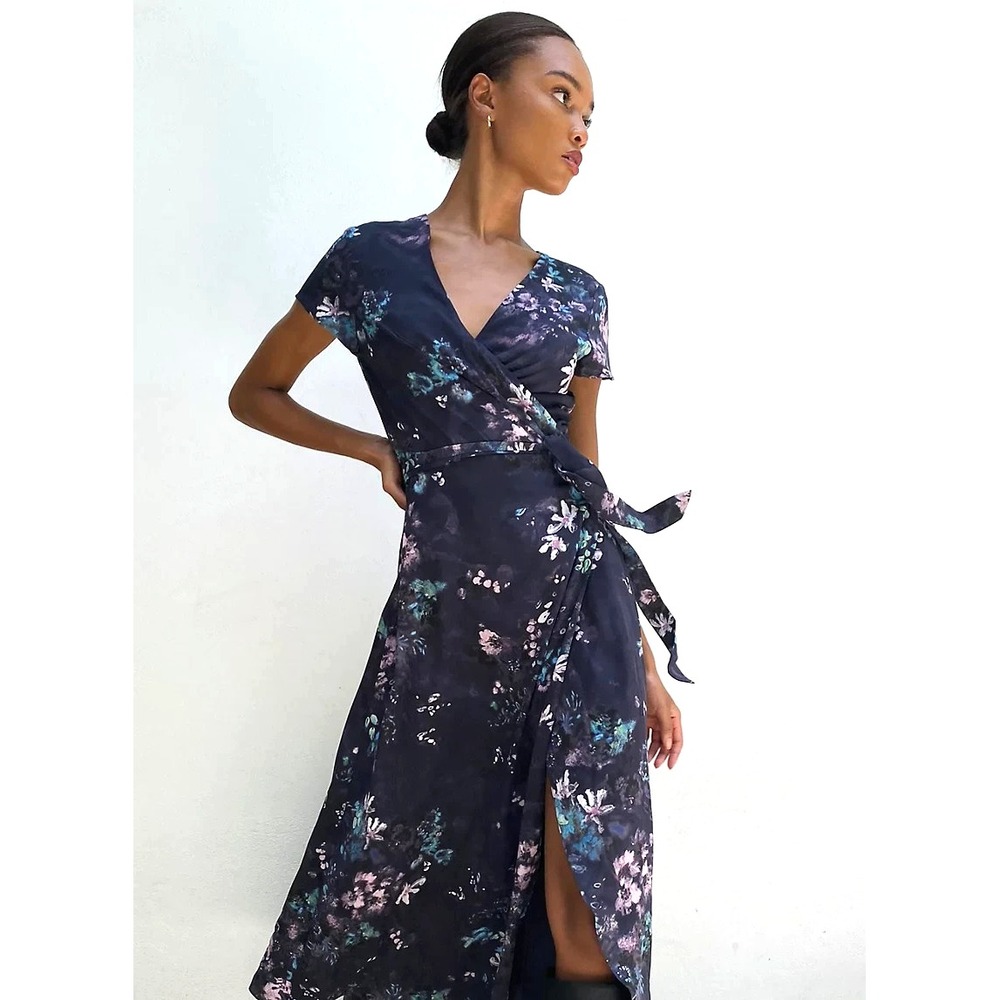 Aritzia Babaton Maxi Slit Wrap Dress S Blue Floral Chiffon Short Sleeve Wedding